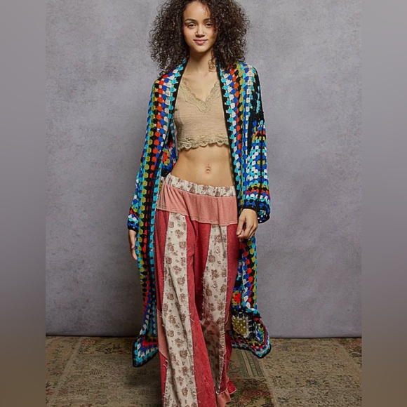 POL Boho Crochet Cardigan Turquoise & Black Granny Square Sweater - Picture 6 of 8